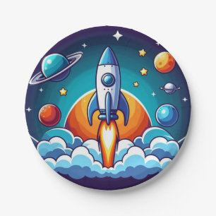 Retro, outer space rocket paper plates