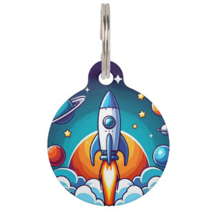 Retro, outer space rocket pet ID tag