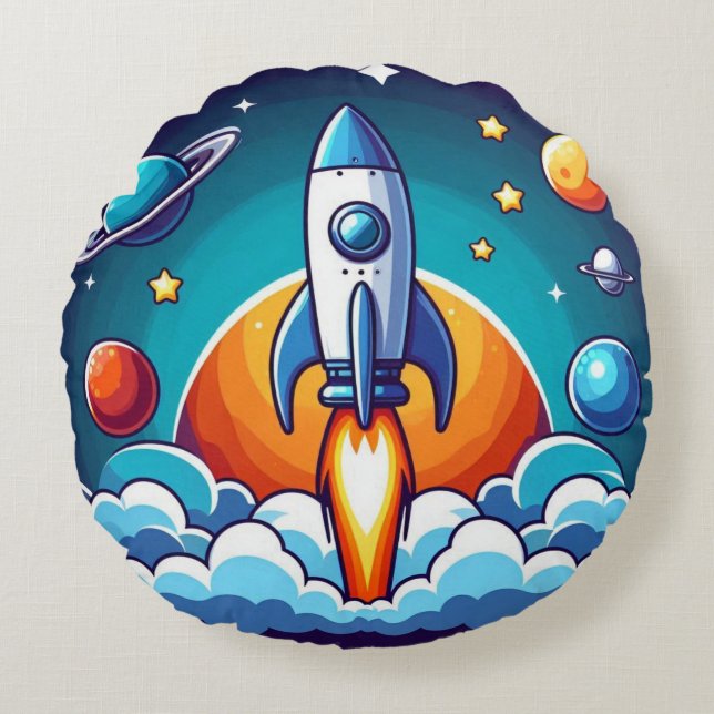 Retro, outer space rocket round pillow (Front)