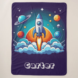 Retro, outer space rocket sherpa blanket