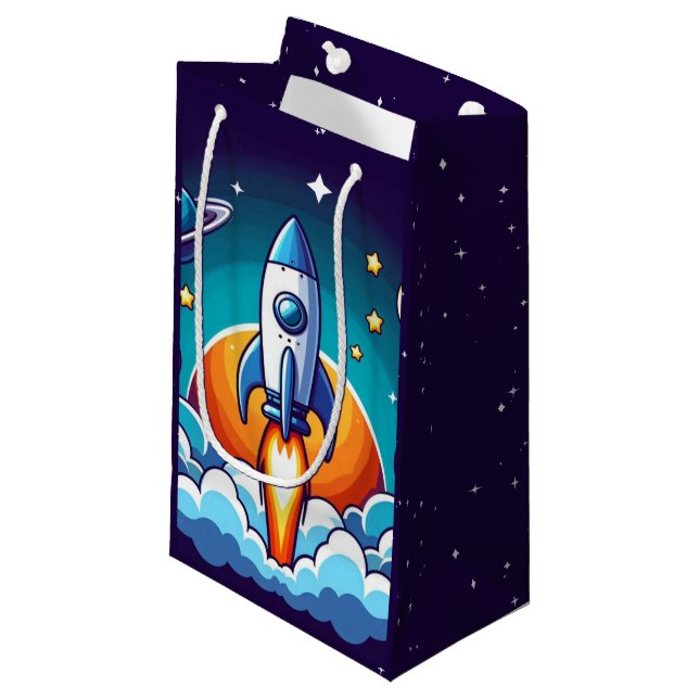 Retro, outer space rocket small gift bag (Front Angled)