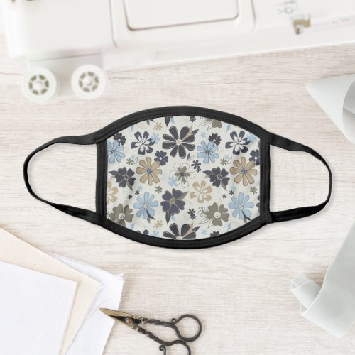 Retro Outlined Tan Blue Green Flowers Floral Print Face Mask