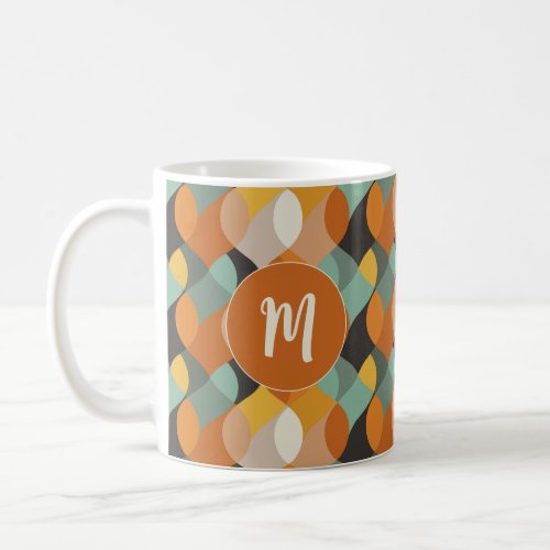 Retro Oval Shapes Orange Teal Gold Monogram  Coffee Mug