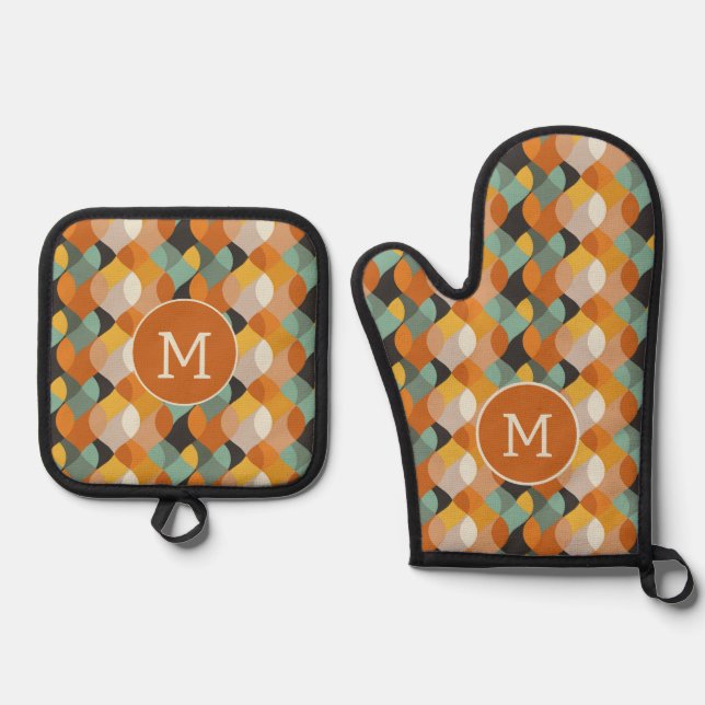 Retro Oval Shapes Orange Teal Gold Monogram  Oven Mitt & Pot Holder Set (Front)