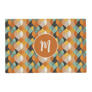 Retro Oval Shapes Orange Teal Gold Monogram  Placemat