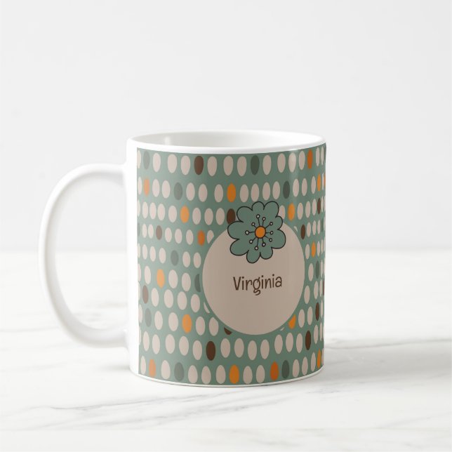 Retro Ovals & Teal Flower Personalized Coffee Mug (Left)