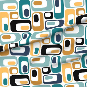 retro ovals white teal mustard black aqua indigo  fabric