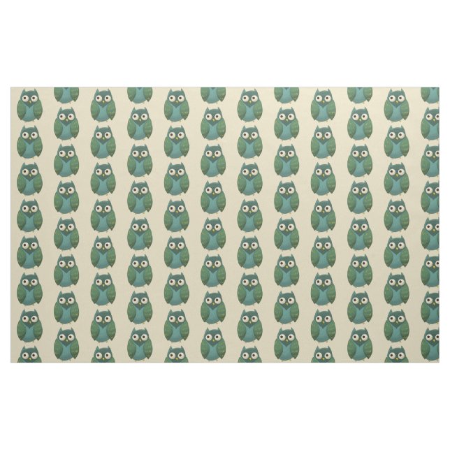 Retro Owl - Green and Teal on Tan Background Fabric (Fat Quarter)