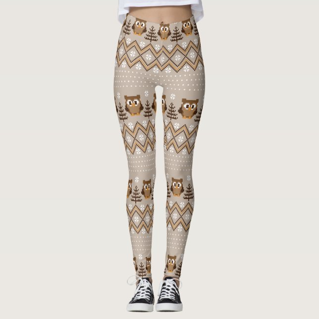 Retro Owl Knitted Design Leggings (Front)
