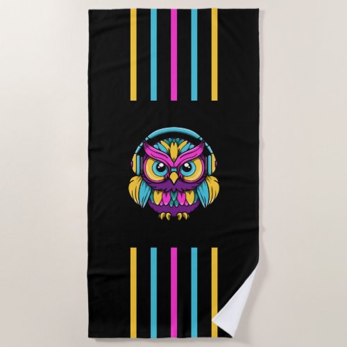 Retro Owl Wearing Headphones Beach Towel