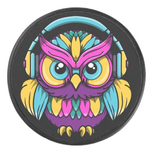 Retro Owl Wearing Headphones Hockey Puck