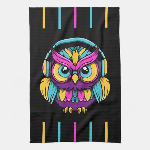 Retro Owl Wearing Headphones Kitchen Towel