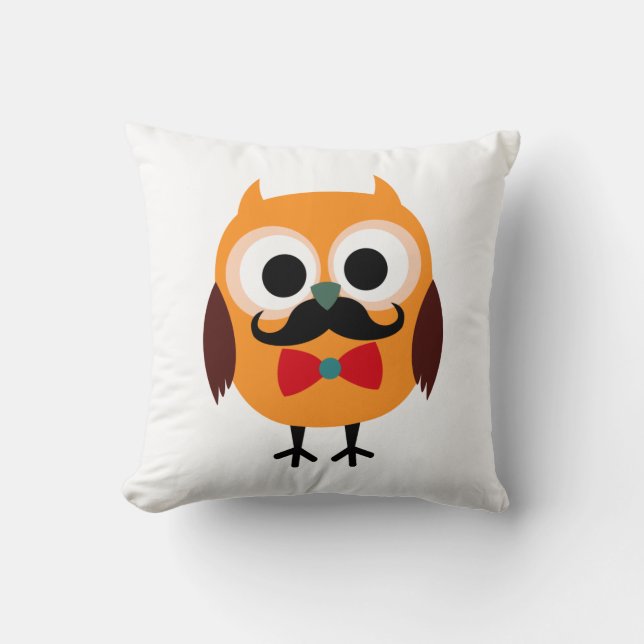 Retro Owl with Handlebar Mustache Moustache Throw Pillow (Front)