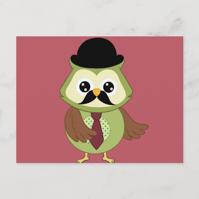 Retro Owl with Hat, tie and Mustache Postcard (Front)