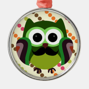Retro Owl with Mustache Metal Ornament