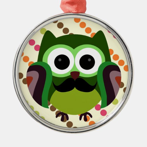 Retro Owl with Mustache Metal Ornament