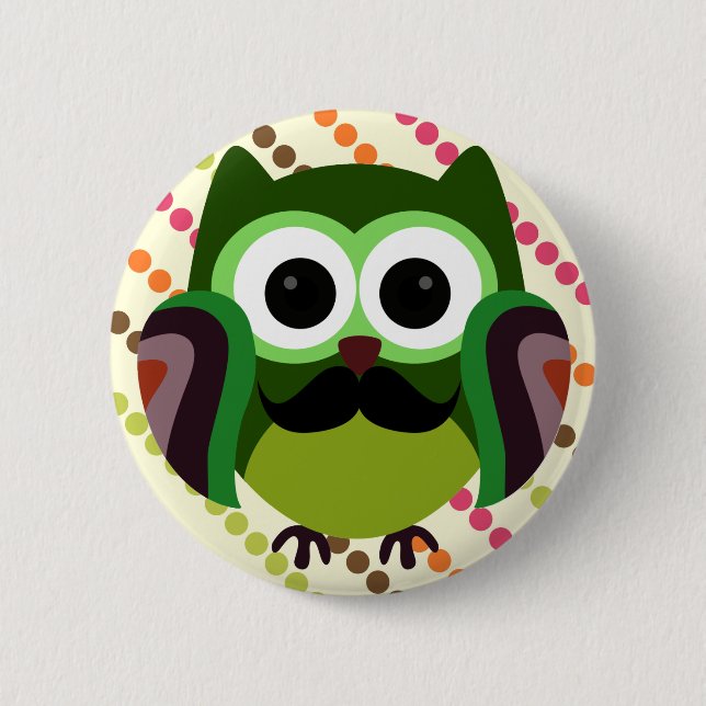 Retro Owl with Mustache Pinback Button (Front)