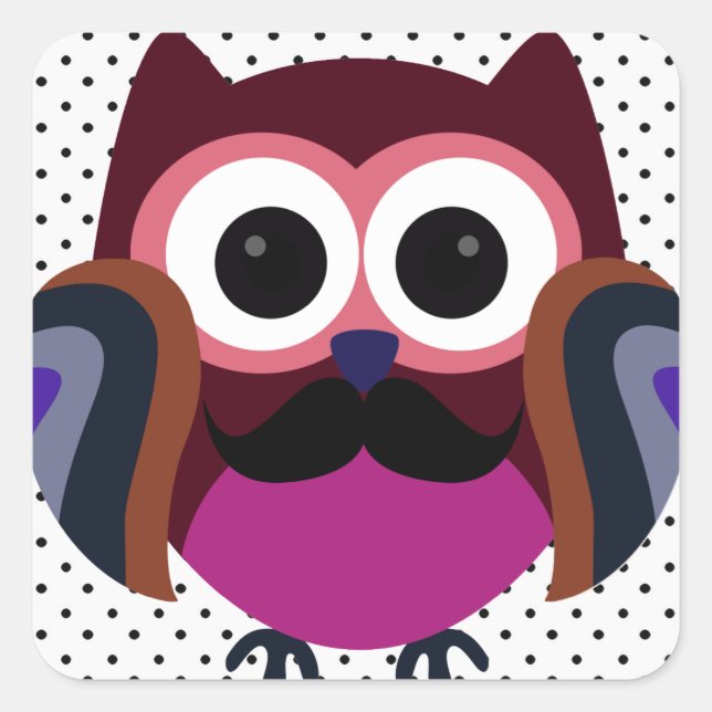 Retro Owl with Mustache Square Sticker (Front)