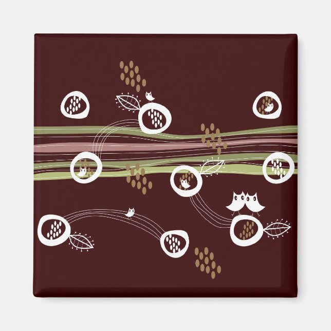 Retro Owls Family Cute Whimsical Stripes Nest Fun Magnet (Front)