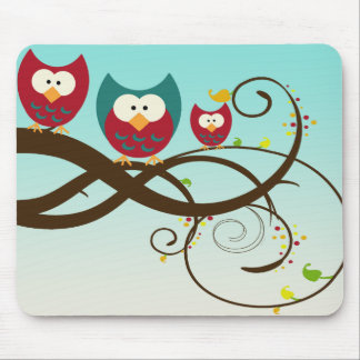 Retro Owls on Swirly Branch Mousepad