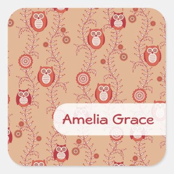 Retro Owls Square Name Stickers by StriveDesigns at Zazzle