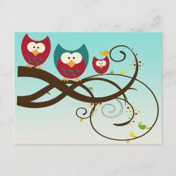 Retro Owls Swirly Branch Postcard by gidget26 at Zazzle