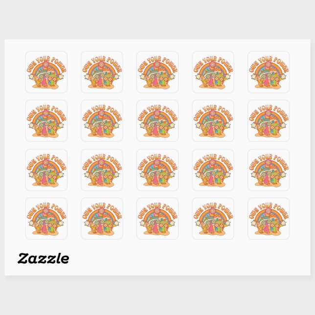 Retro Own your power girl, rainbow, mushrooms  Square Sticker (Sheet)
