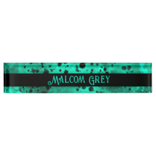 Retro Paint Splatter Effect Green & Black Desk Name Plate