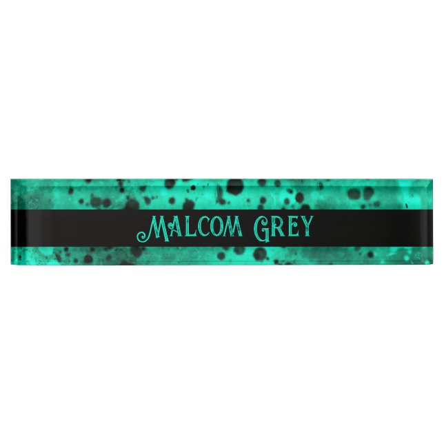 Retro Paint Splatter Effect Green & Black  Desk Name Plate (Front)