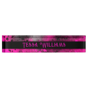 Retro Paint Splatter Effect Pink & Black Desk Name Plate