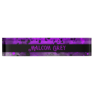 Retro Paint Splatter Effect Purple & Black  Desk Name Plate