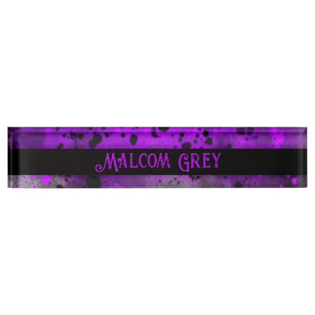 Retro Paint Splatter Effect Purple & Black  Desk Name Plate (Front)
