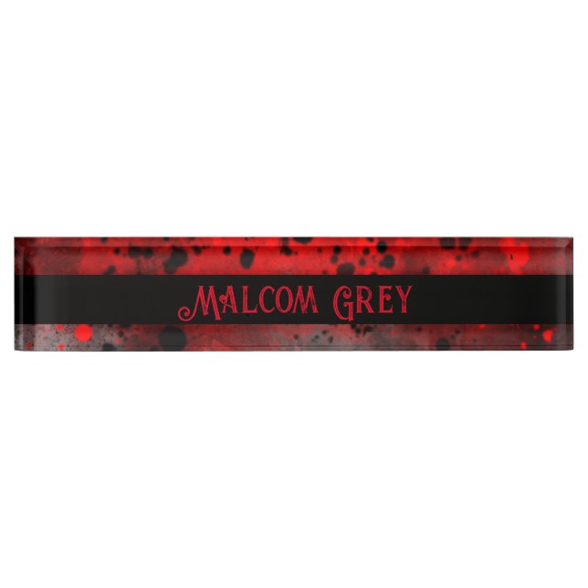 Retro Paint Splatter Effect Red & Black Desk Name Plate (Front)