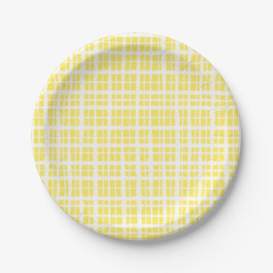 Retro Painted Gingham Plaid Pattern Light Yellow Paper Plates