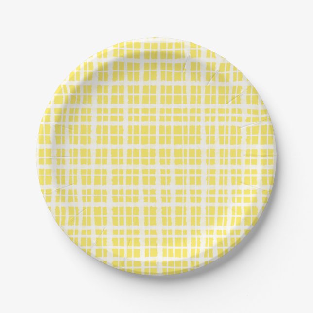 Retro Painted Gingham Plaid Pattern Light Yellow Paper Plates (Front)