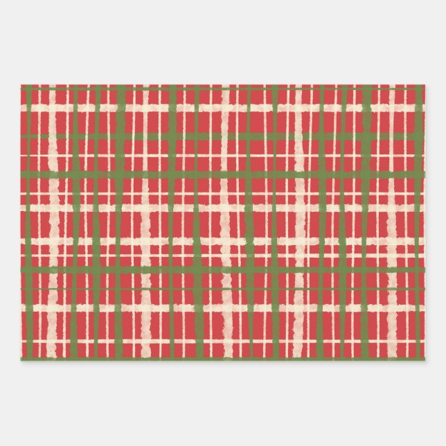 Retro Painted Plaid Christmas Patterns Wrapping Paper Sheets (Front)