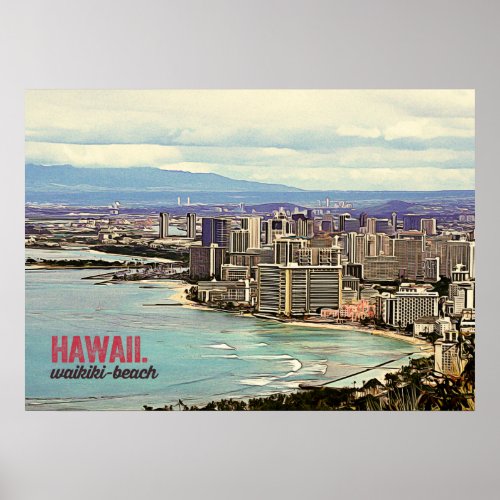 Retro Painting Hawaii Waikiki Beach Poster