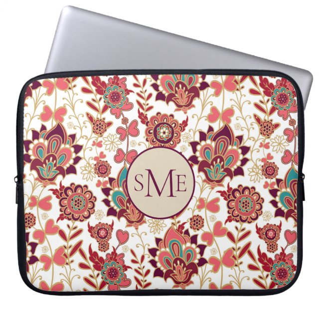 Retro Paisley Floral Monogram Laptop Sleeve (Front)
