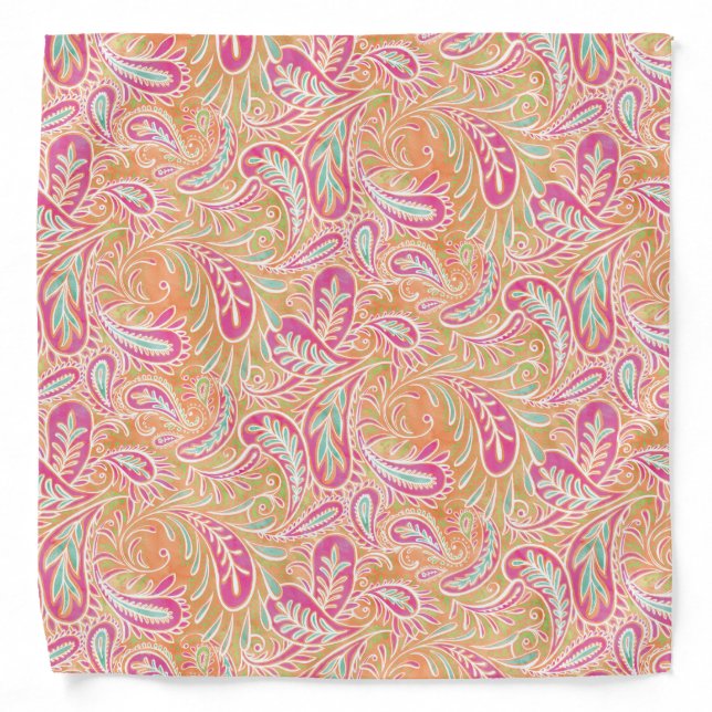 Retro Paisley Pastel Pink Peach Aqua Green Bandana (Front)