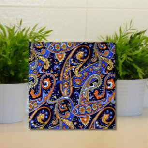 Retro Paisley Pattern Blue White Orange Colorful Ceramic Tile