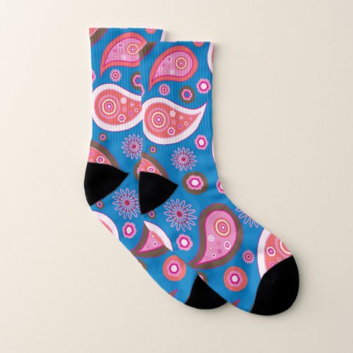 Retro Paisley Pattern Pink Blue White Socks