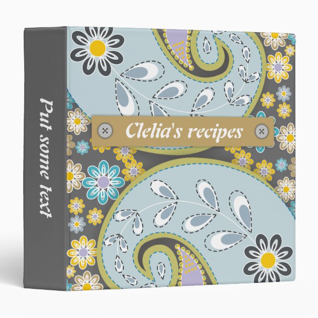 Retro pale blue, grey paisley floral recipe binder (Front/Spine)