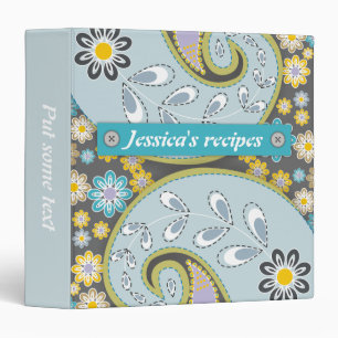 Retro pale blue, grey paisley floral recipe binder