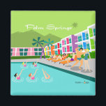 Retro Palm Springs Hotel 2 Inch Square Magnet<br><div class="desc">This Retro Palm Springs Hotel square magnet is as fabulous as it is kitschy. Its garishly bright rainbow facade is dwarfed by the lime green mountains and spectacularly iconic palm trees. There's a party going on by the pool with bathing beauties and muscle men soaking up some vitamin D while...</div>