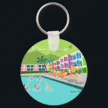 Retro Palm Springs Hotel Keychain<br><div class="desc">This Retro Palm Springs Hotel keychain is as fabulous as it is kitschy. Its garishly bright rainbow facade is dwarfed by the lime green mountains and spectacularly iconic palm trees. There's a party going on by the pool with bathing beauties and muscle men soaking up some vitamin D while watching...</div>