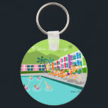 Retro Palm Springs Hotel Keychain<br><div class="desc">This Retro Palm Springs Hotel keychain is as fabulous as it is kitschy. Its garishly bright rainbow facade is dwarfed by the lime green mountains and spectacularly iconic palm trees. There's a party going on by the pool with bathing beauties and muscle men soaking up some vitamin D while watching...</div>