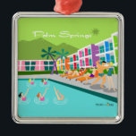 Retro Palm Springs Hotel Ornament<br><div class="desc">This Retro Palm Springs Hotel Christmas ornament is as fabulous as it is kitschy. Its garishly bright rainbow facade is dwarfed by the lime green mountains and spectacularly iconic palm trees. There's a party going on by the pool with bathing beauties and muscle men soaking up some vitamin D while...</div>