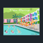 Retro Palm Springs Hotel Postcard<br><div class="desc">This Retro Palm Springs Hotel postcard is as fabulous as it is kitschy. Its garishly bright rainbow facade is dwarfed by the lime green mountains and spectacularly iconic palm trees. There's a party going on by the pool with bathing beauties and muscle men soaking up some vitamin D while watching...</div>