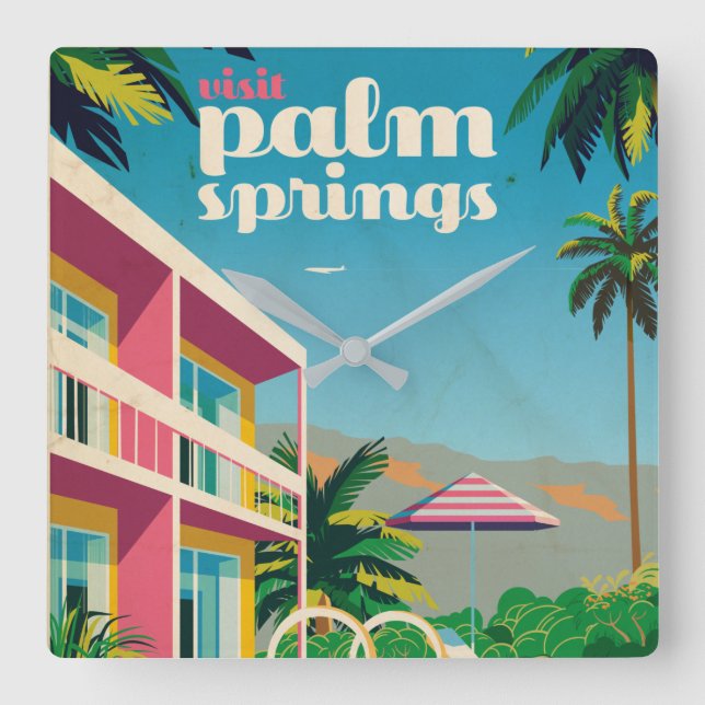Retro Palm Springs Hotel Square Wall Clock (Front)