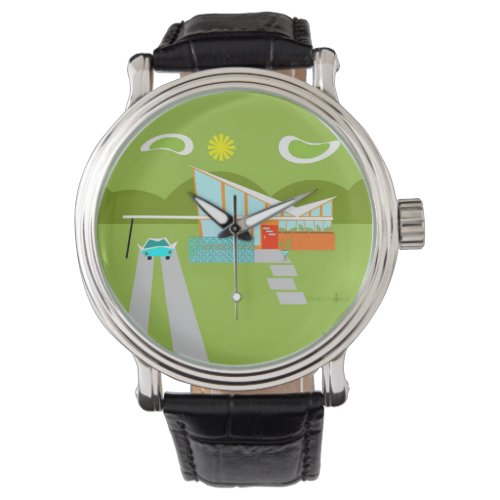 Retro Palm Springs House Black Leather Watch